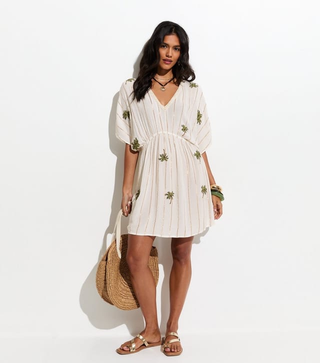 New Look Women's Cream Metallic Stripe Palm Tree Embroidered Kaftan New Look - 3