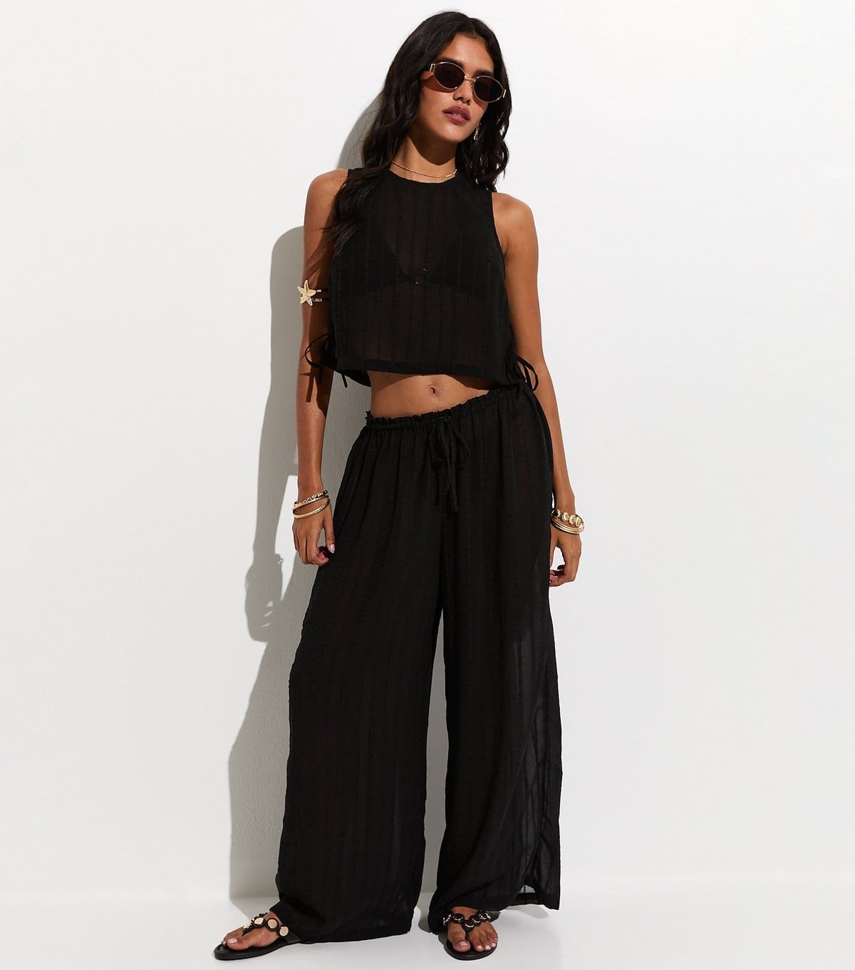 New Look Women's Black Striped Tie Side Beach Sleeveless Top New Look - 4