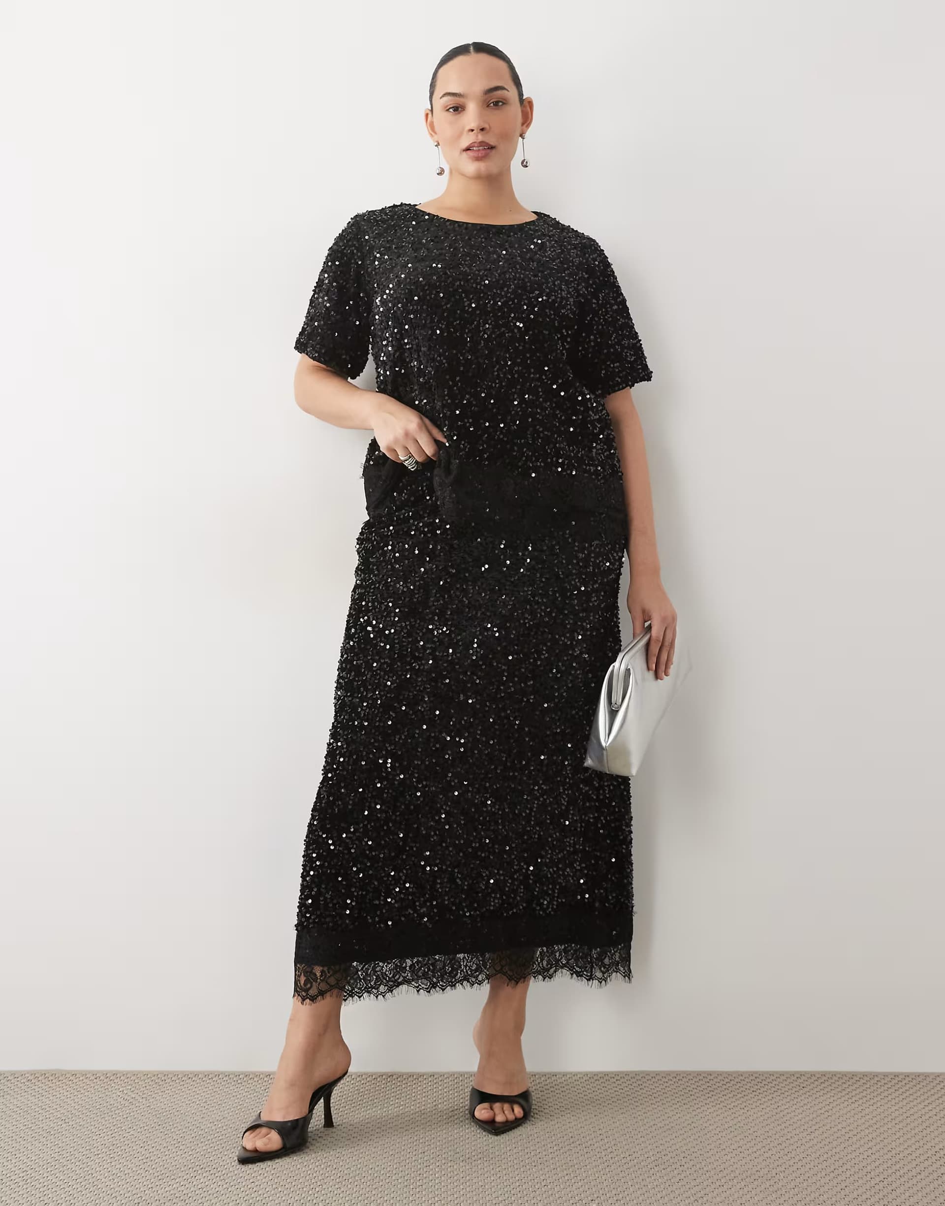 ASOS Vila Curve sequin & velour maxi skirt co-ord with lace trim in black