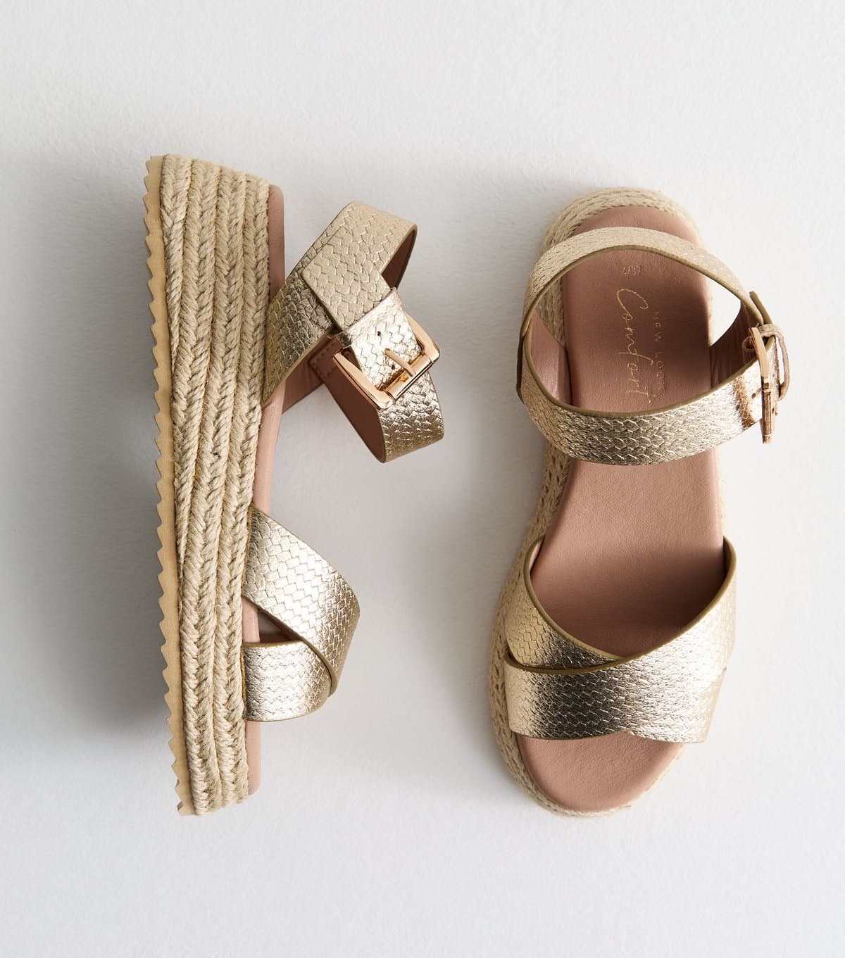 New Look Women's Gold Crossover Strap Faux Leather Flatform Sandals Vegan New Look