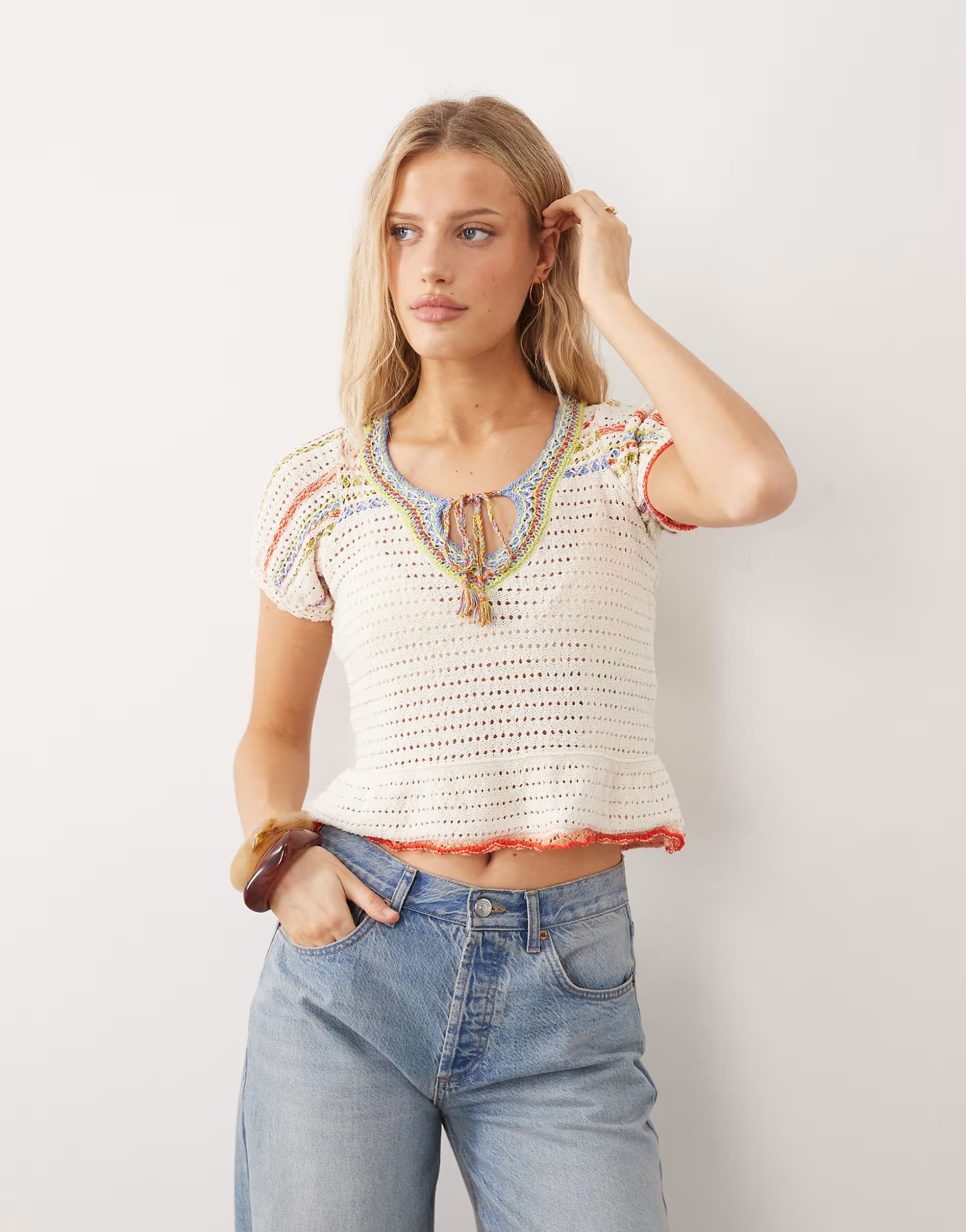 ASOS Free People boho crochet pull over top with multi colour contrast in tofu 