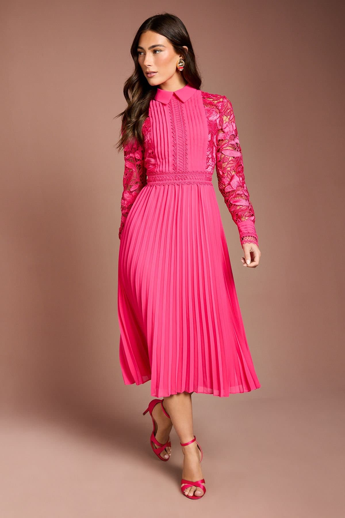 Coast Coast Women's Long Sleeve Lace & Pleated Midi Shirt Dress in Hot Pink