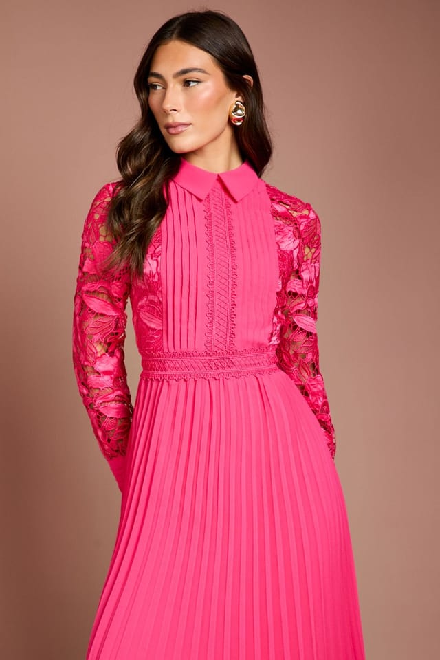 Coast Coast Women's Long Sleeve Lace & Pleated Midi Shirt Dress in Hot Pink - 2