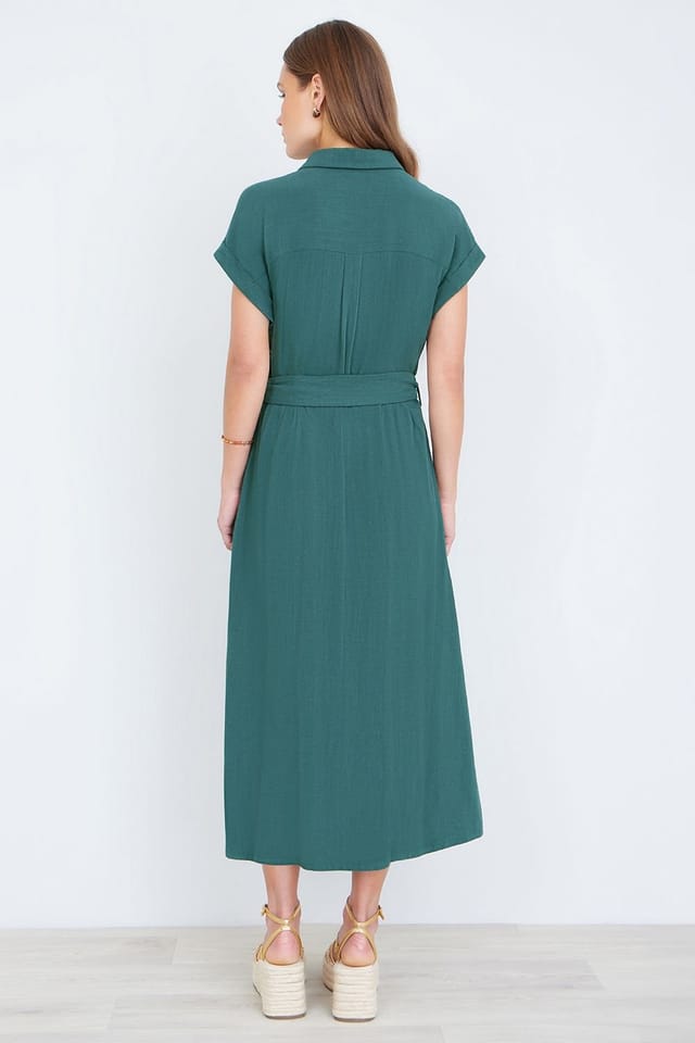 Yumi Yumi Women's Green Viscose Linen Look Midi Shirt Dress With Wooden Belt - 3