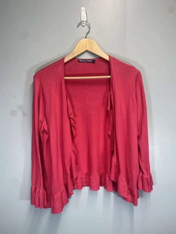 WoolOvers Woolovers Open Front Cardigan Knitted Top Size Large UK 14 16 Pink Silk Cotton