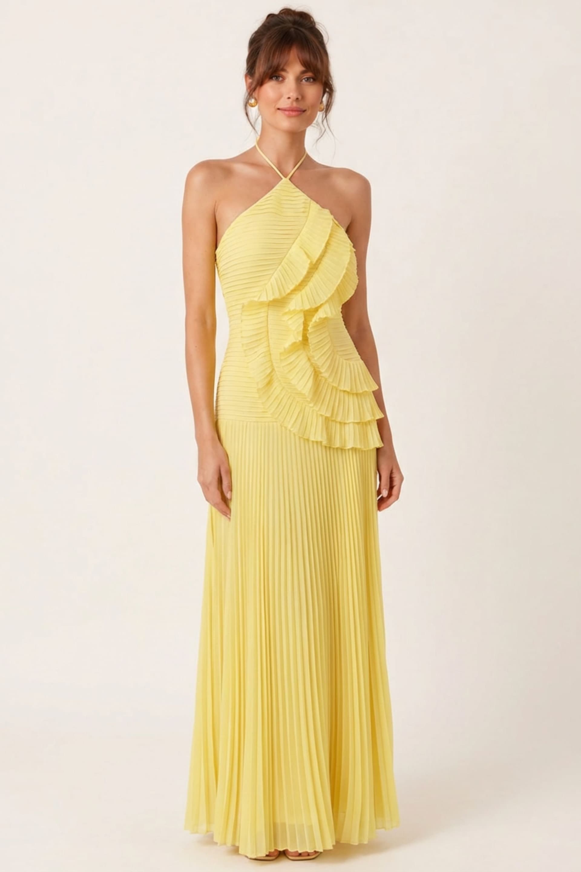 Style Cheat Style Cheat Women's Yellow Pleated Halter Maxi Dress