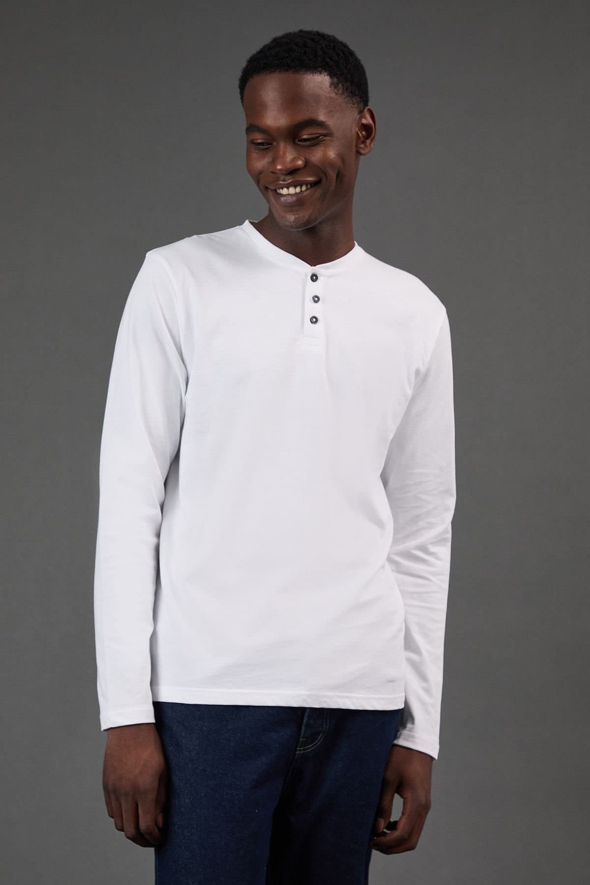 Burton Burton Men's White Long Sleeve Grandad Neck T-Shirt