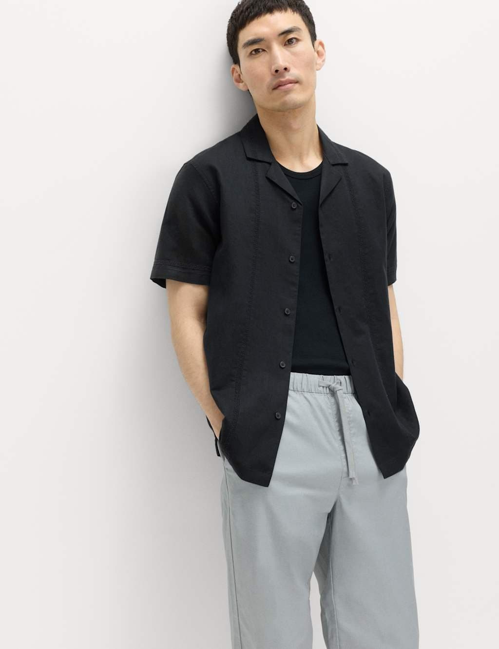 Marks & Spencer M&S Short Sleeve Linen Blend Shirt Black Mix