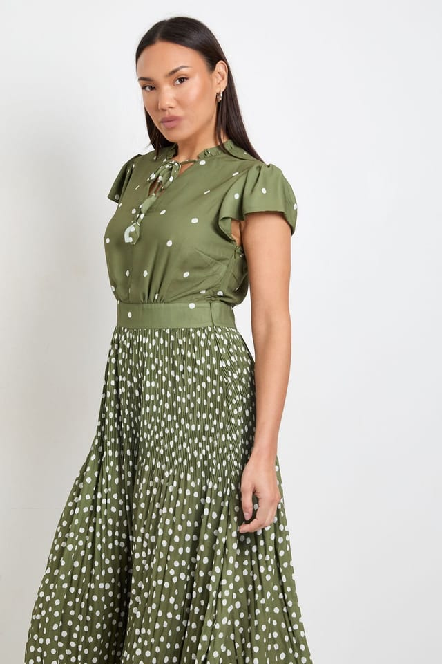 Wallis Wallis Women's Polka Dot Ruffle Neck Pleated Midi Dress in Olive - 2
