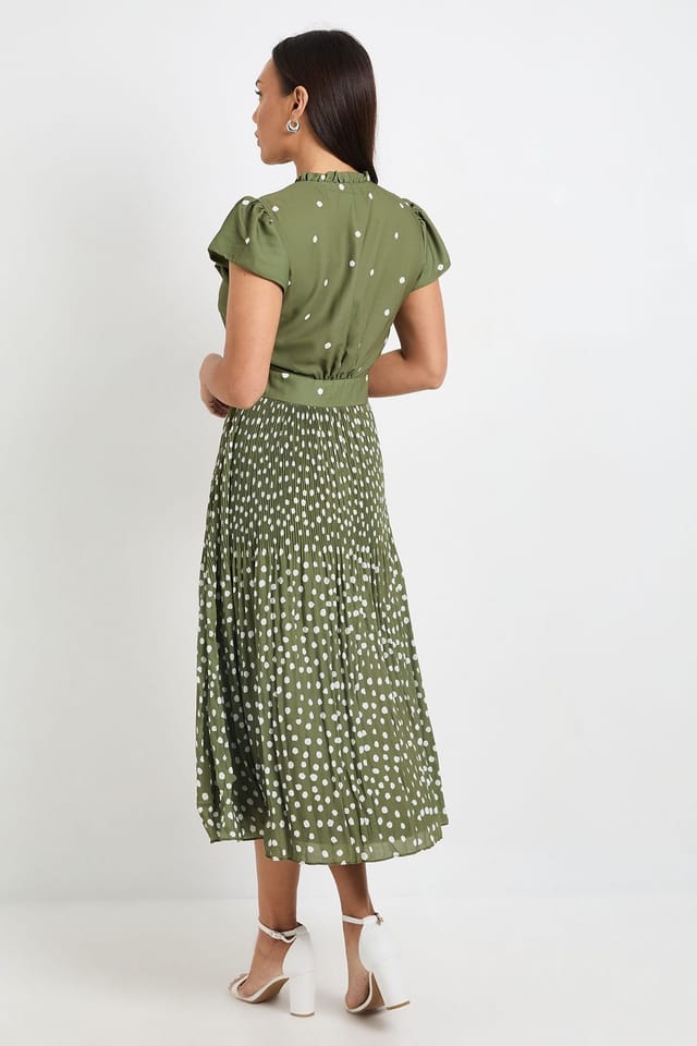 Wallis Wallis Women's Polka Dot Ruffle Neck Pleated Midi Dress in Olive - 3