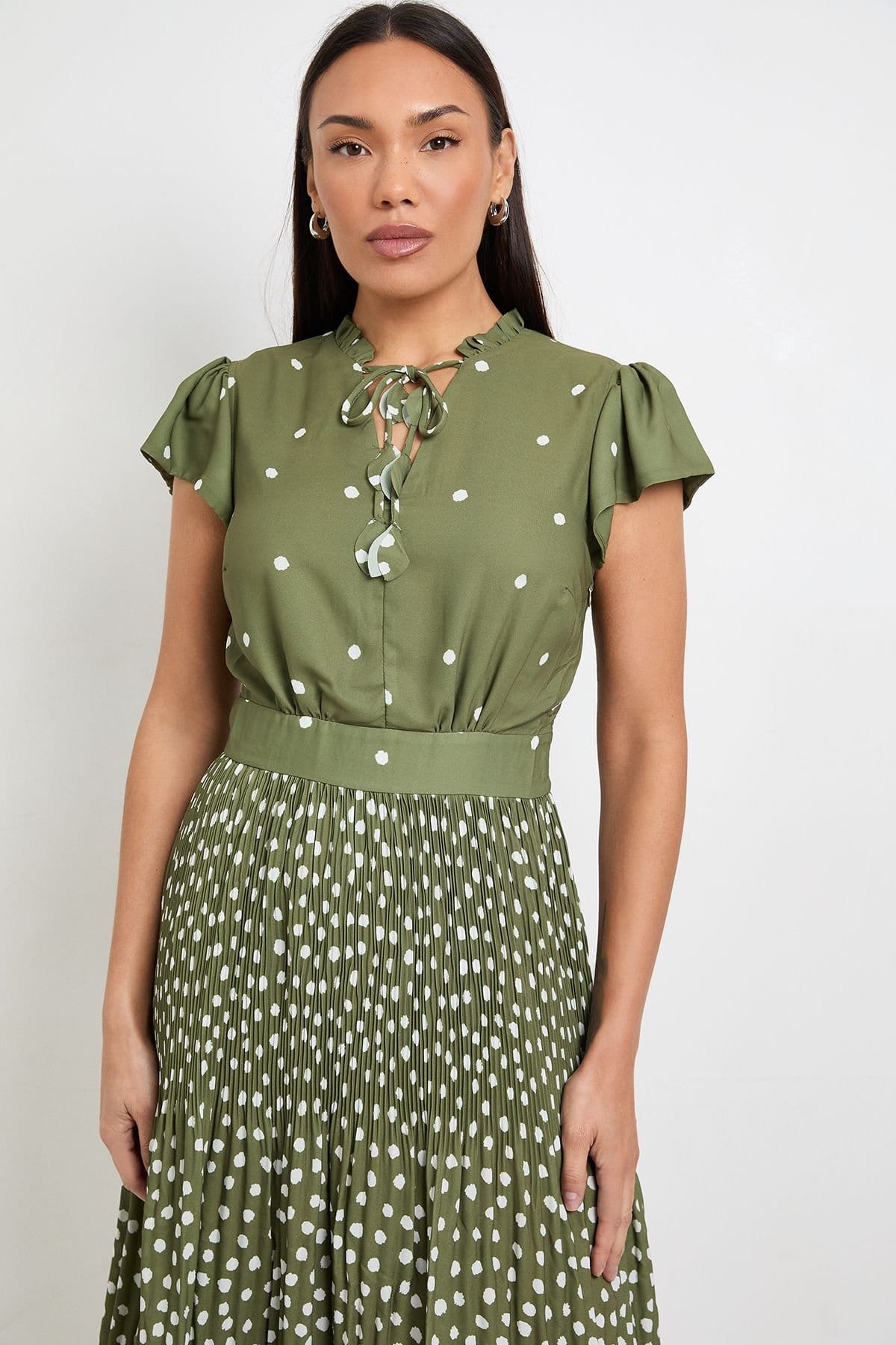Wallis Wallis Women's Polka Dot Ruffle Neck Pleated Midi Dress in Olive - 4