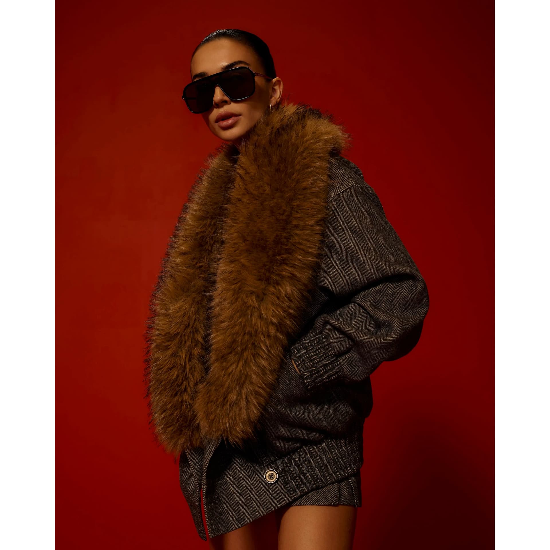 River Island River Island Womens Grey Faux Fur Collar Herringbone Coat