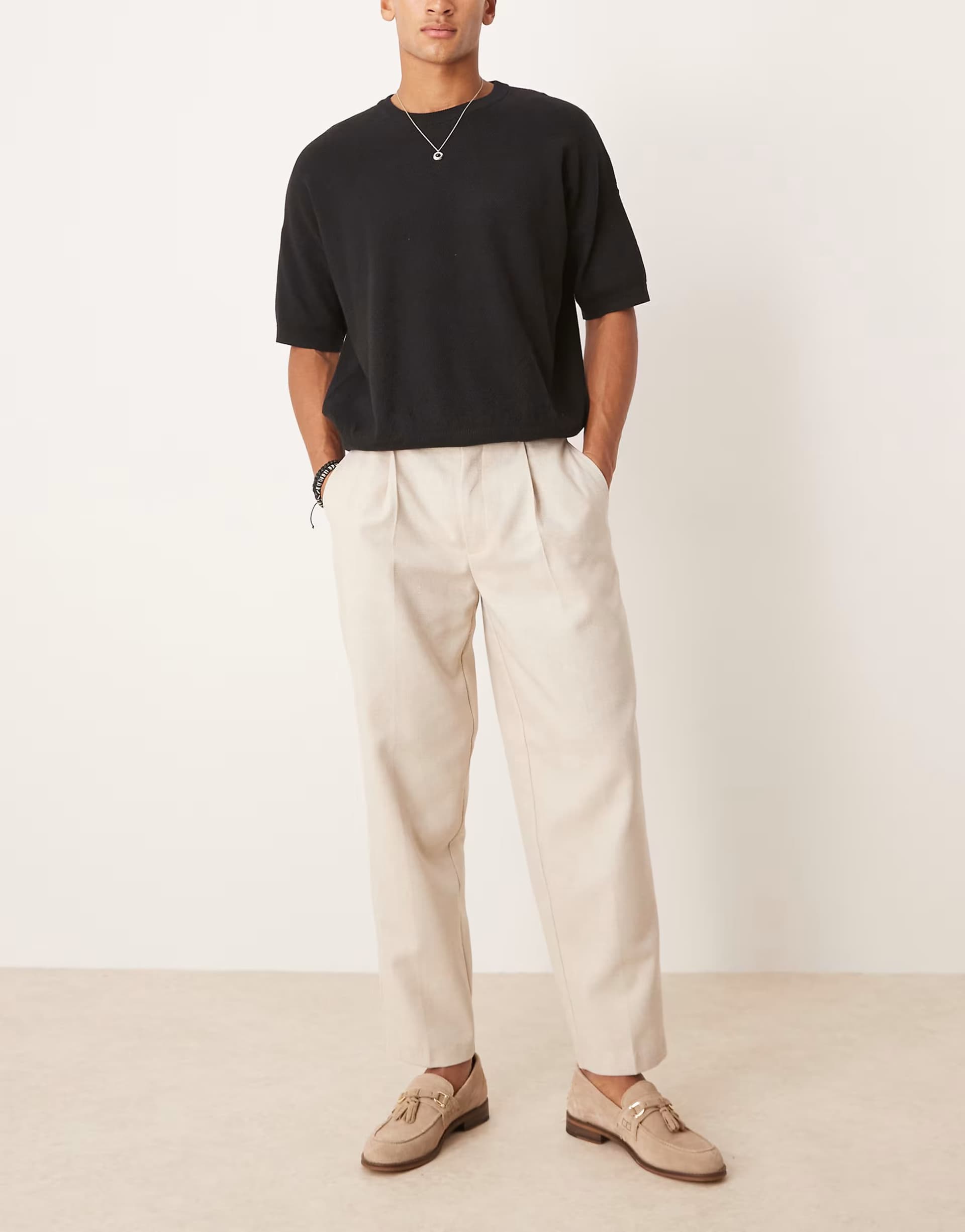 ASOS ASOS DESIGN smart oversized tapered pleated trousers with wool in stone herringbone