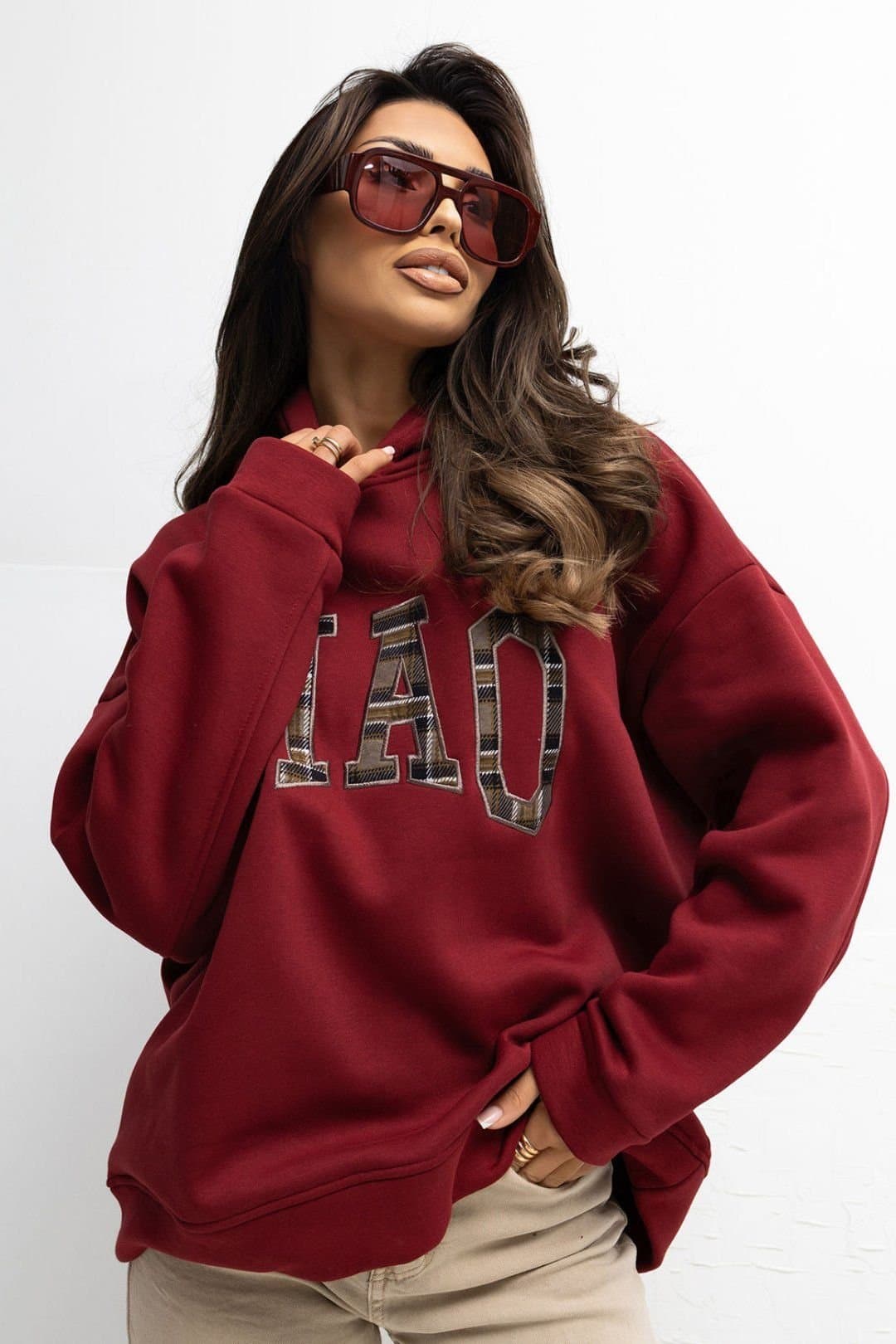 Love Lace Love Lace Women's Cotton Elastane Embroidered Front Hoodie in Burgundy