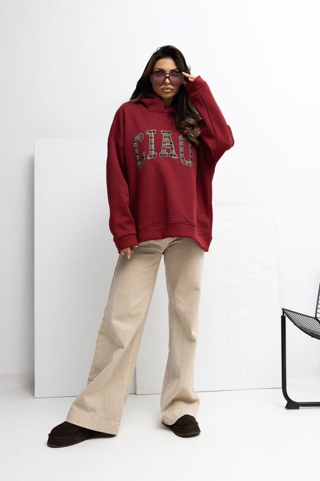 Love Lace Love Lace Women's Cotton Elastane Embroidered Front Hoodie in Burgundy - 2