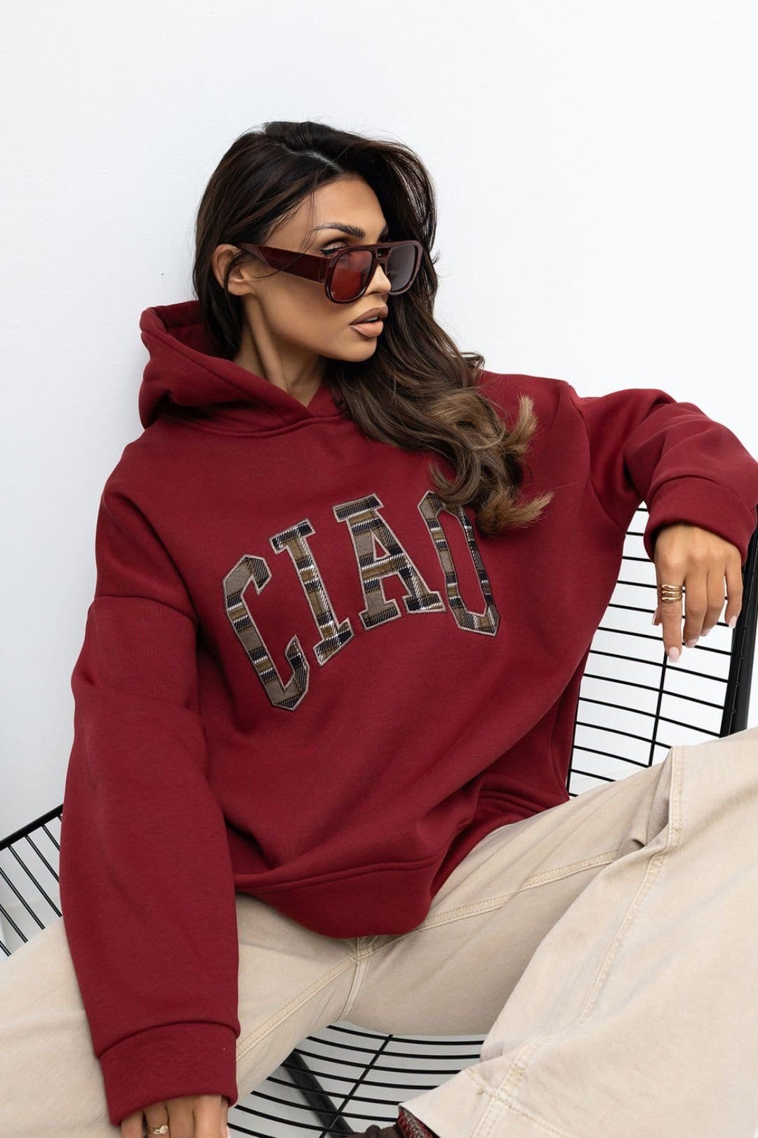 Love Lace Love Lace Women's Cotton Elastane Embroidered Front Hoodie in Burgundy - 4