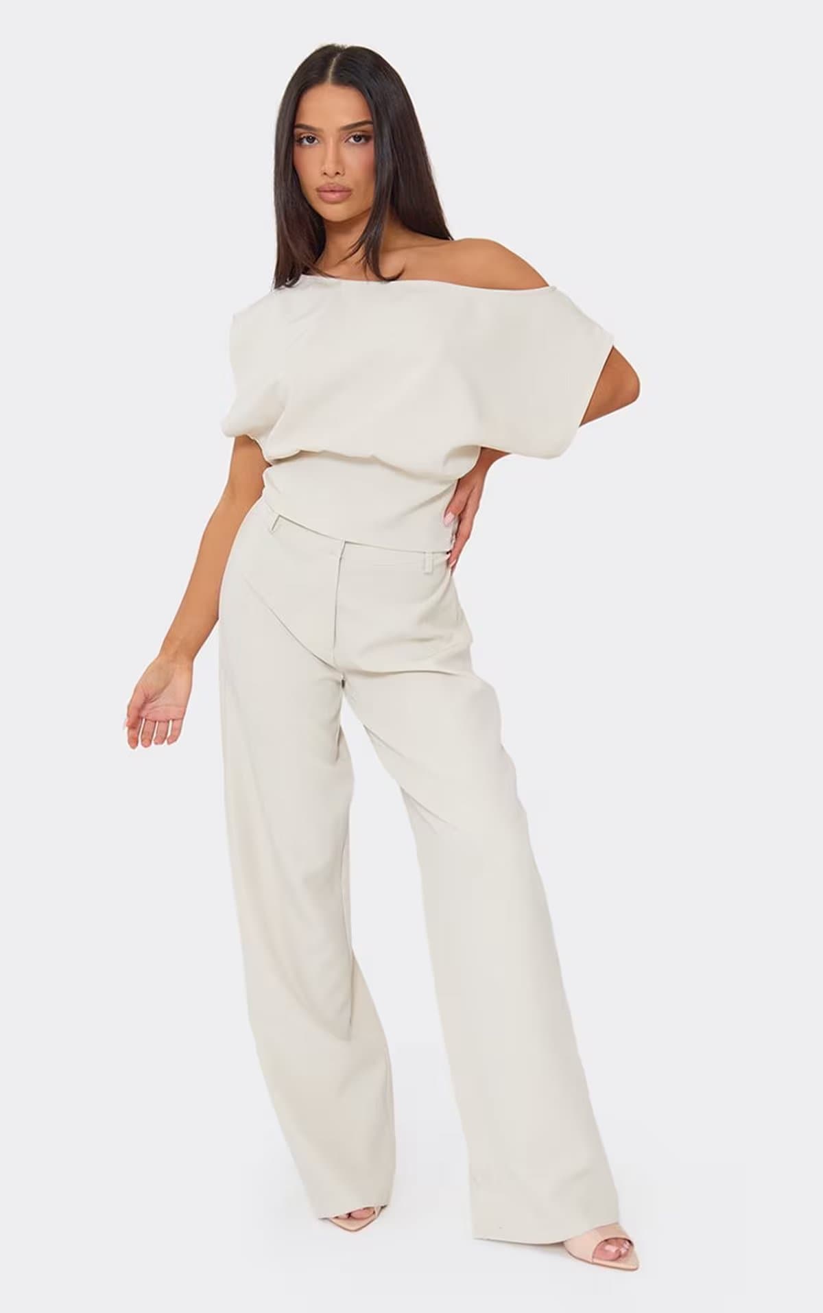 EGO Short Sleeve Off The Shoulder Slouchy Top In Ivory, Women's Size UK 6