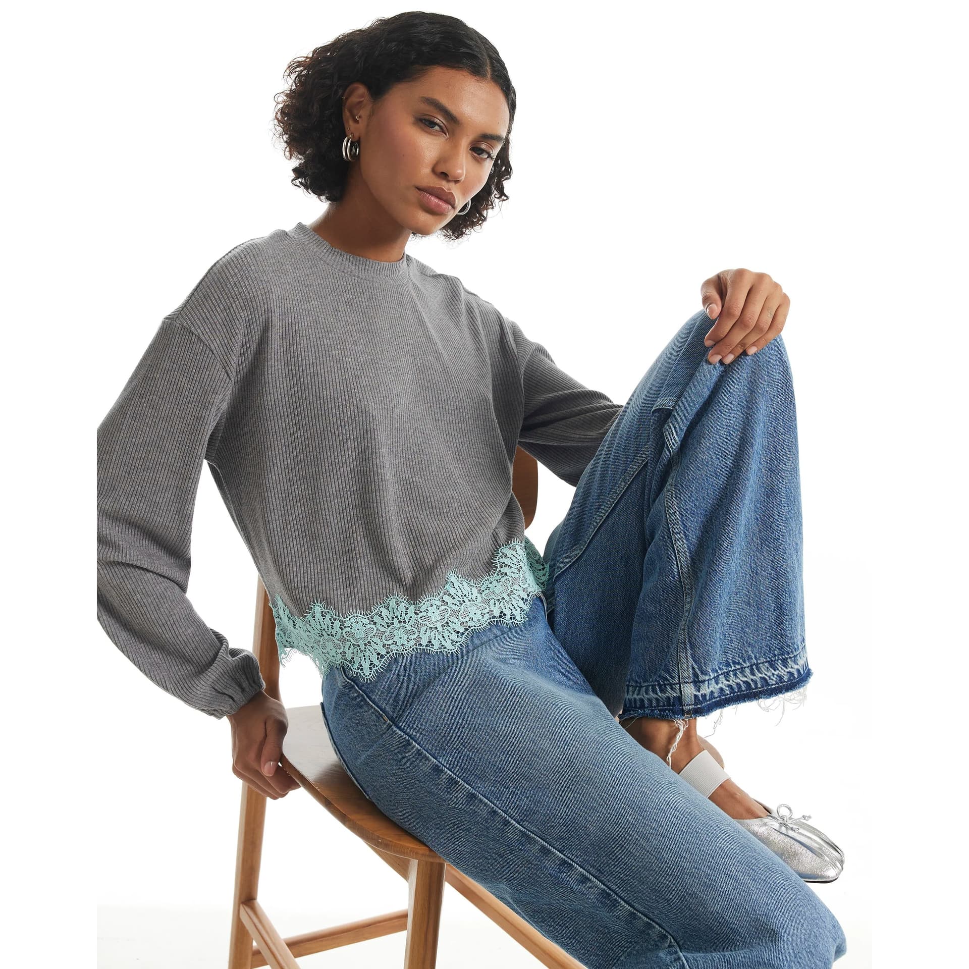 River Island River Island Womens Grey Lace Hem Sweatshirt