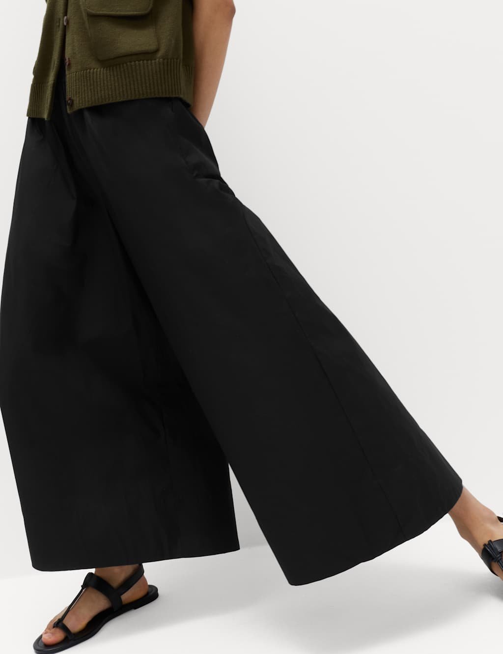 Marks & Spencer M&S Pure Cotton Cropped Palazzo Trousers Black - 2