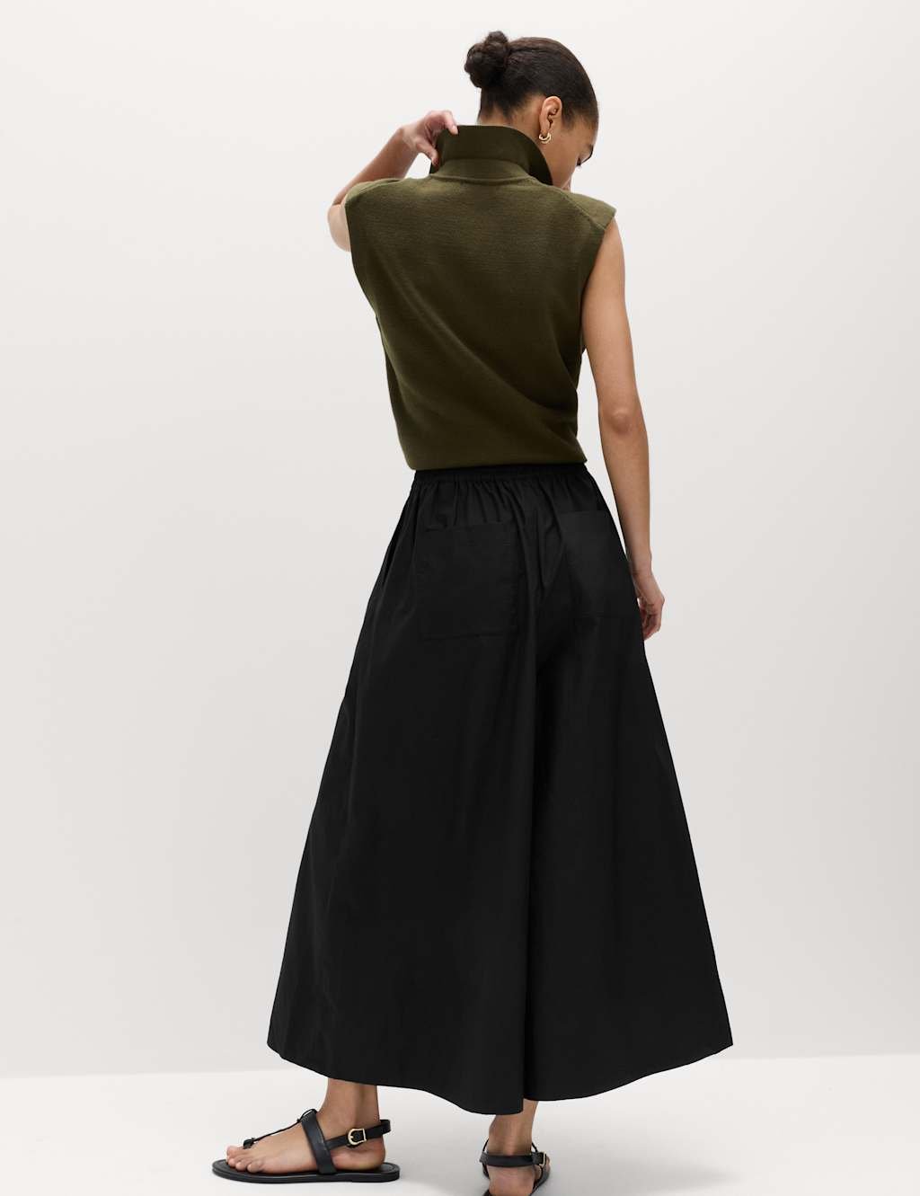 Marks & Spencer M&S Pure Cotton Cropped Palazzo Trousers Black - 4