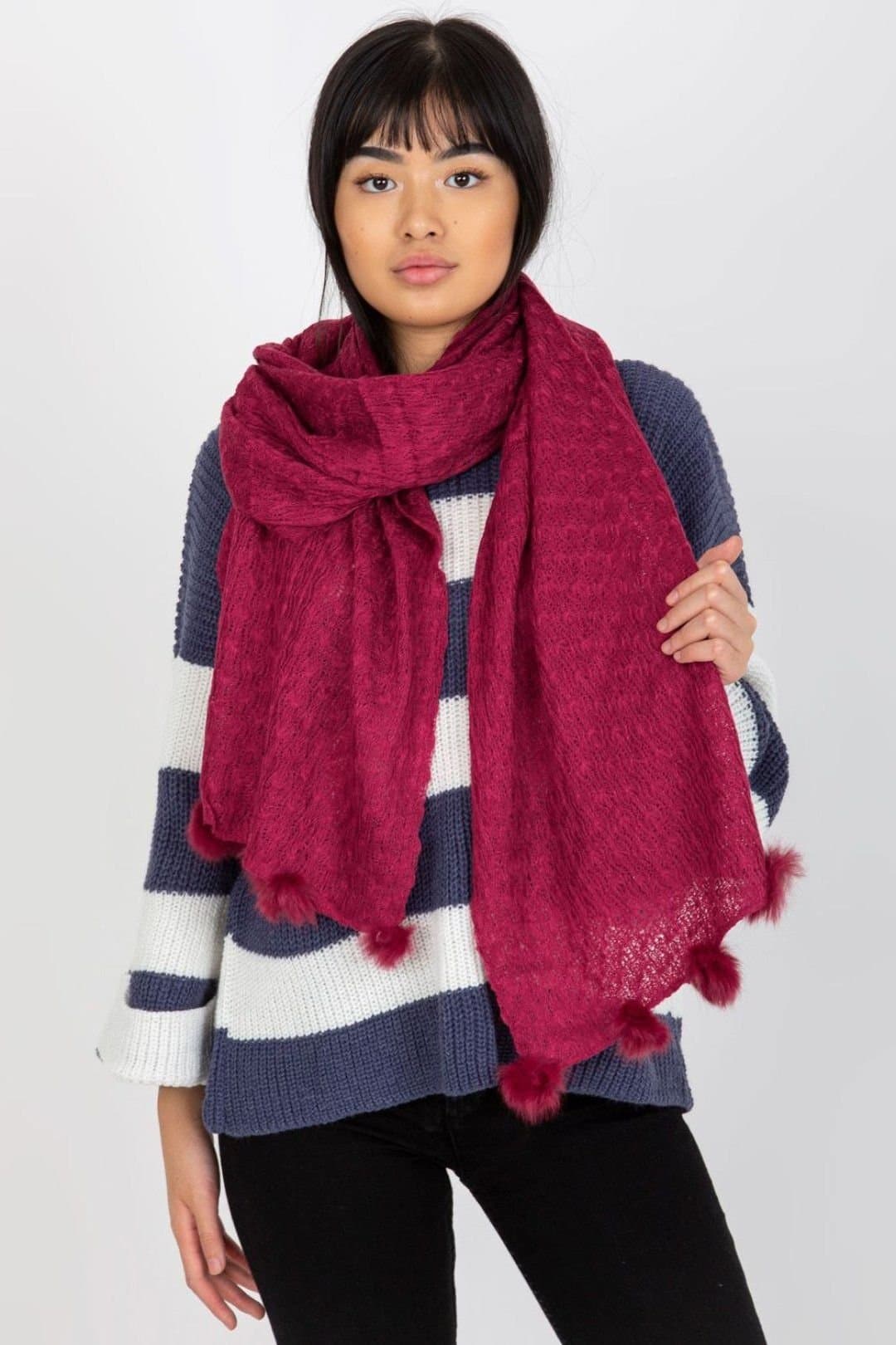 Love Lace Love Lace Women's Openwork Long Warm Winter Scarf with Decorative Pom Poms in Pink
