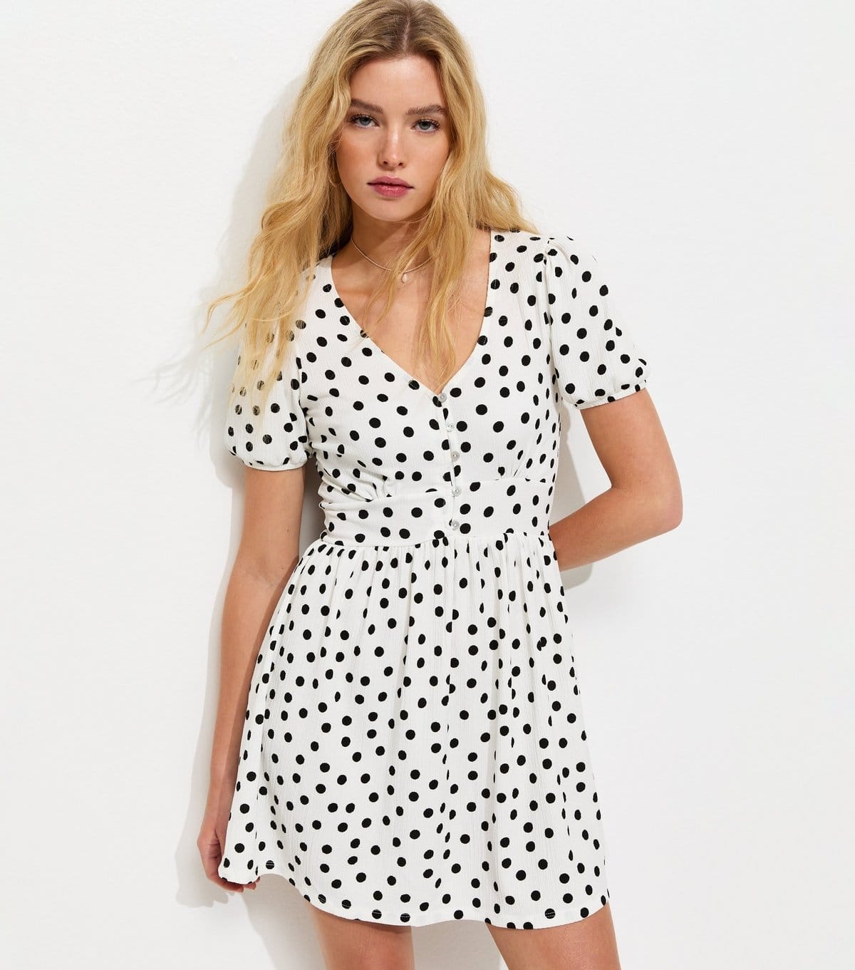 New Look Off White Polka Dot Button Through Crinkled Mini Dress