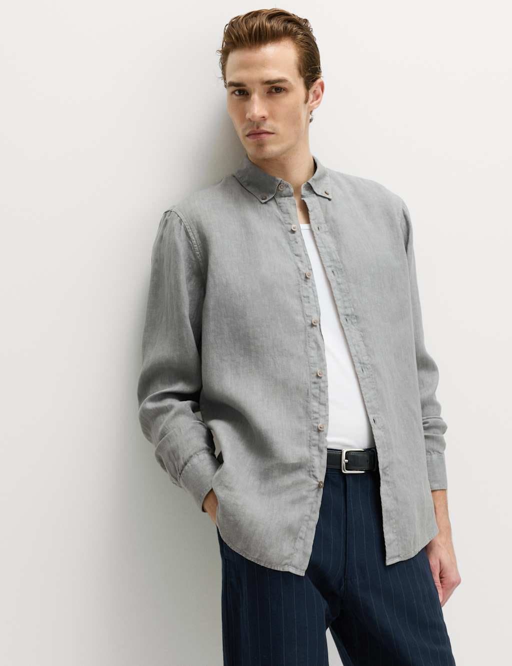 Marks & Spencer M&S Grey Linen Garment Dye Shirt