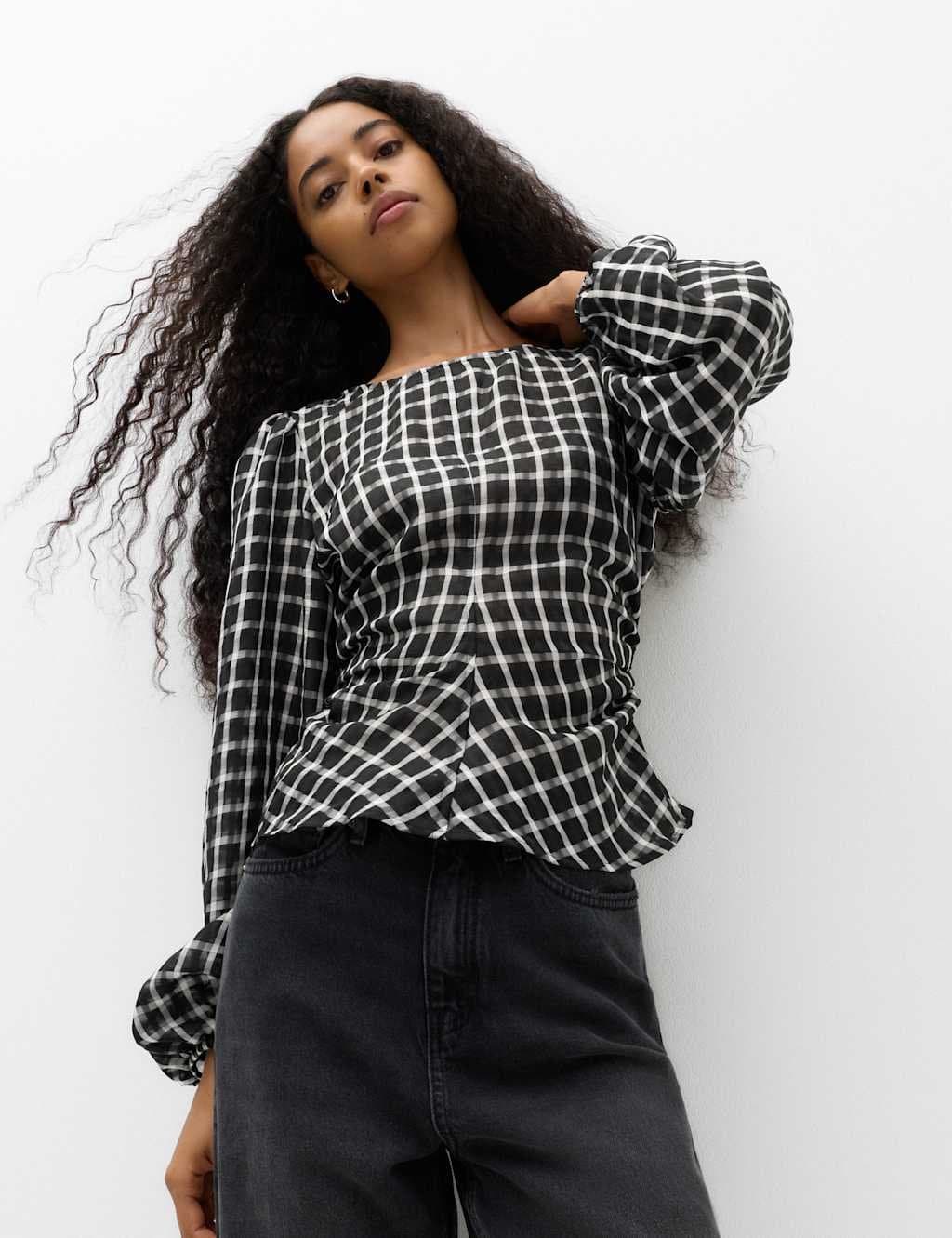 Marks & Spencer M&S Checked Gathered Waisted Blouson Sleeve Blouse Black Mix