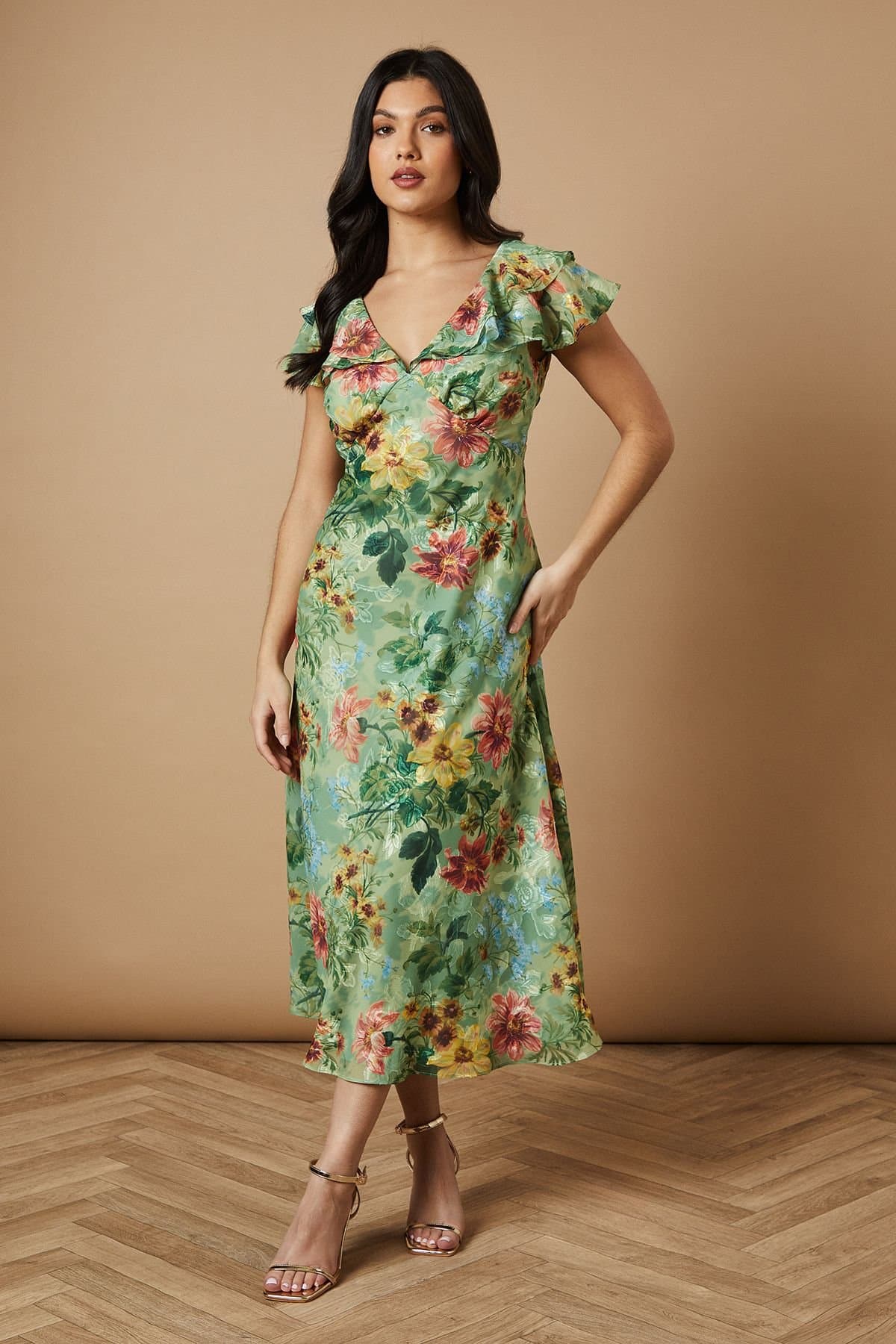 Oasis Oasis Women's Floral Satin Burnout Ruffle Midi Dress in Sage