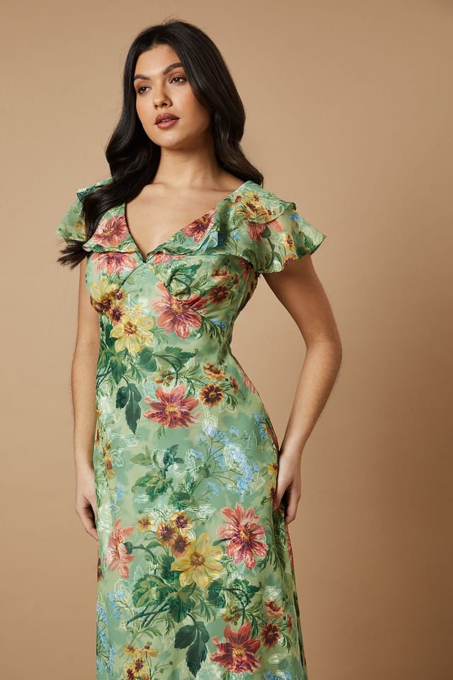 Oasis Oasis Women's Floral Satin Burnout Ruffle Midi Dress in Sage - 2