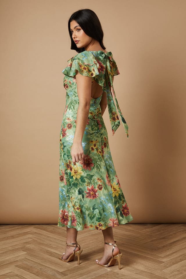 Oasis Oasis Women's Floral Satin Burnout Ruffle Midi Dress in Sage - 3