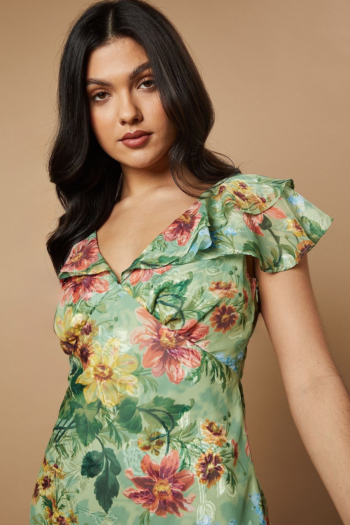 Oasis Oasis Women's Floral Satin Burnout Ruffle Midi Dress in Sage - 4