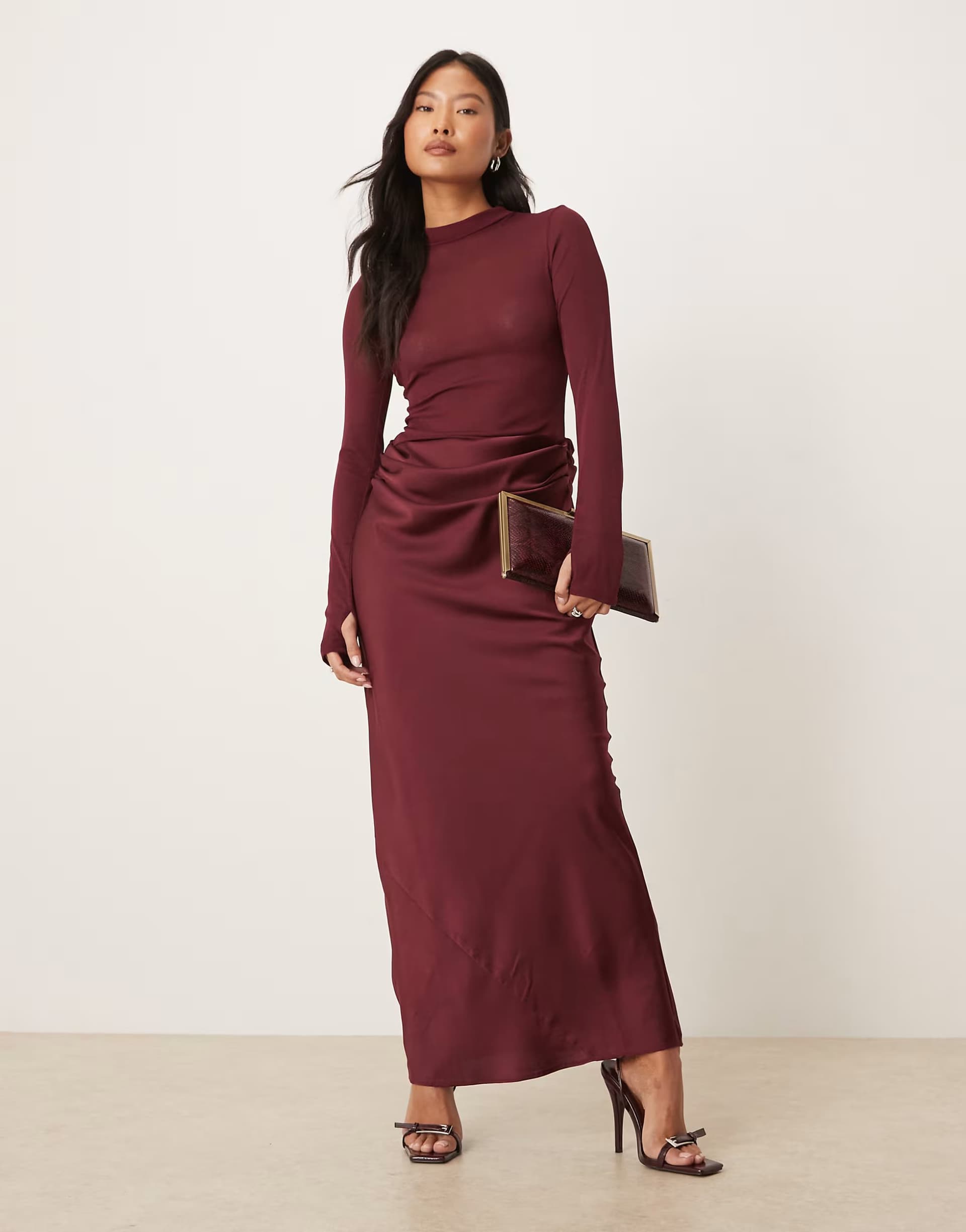 ASOS ASOS DESIGN Petite sheer high neck bodice drape satin maxi dress in berry
