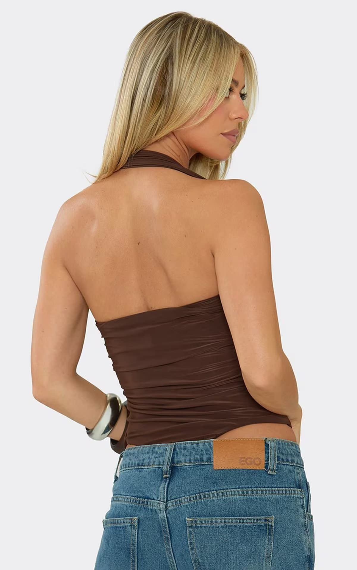 EGO Halterneck Cup Detail Ruched Corset Top In Chocolate Brown., Women's Size UK 6