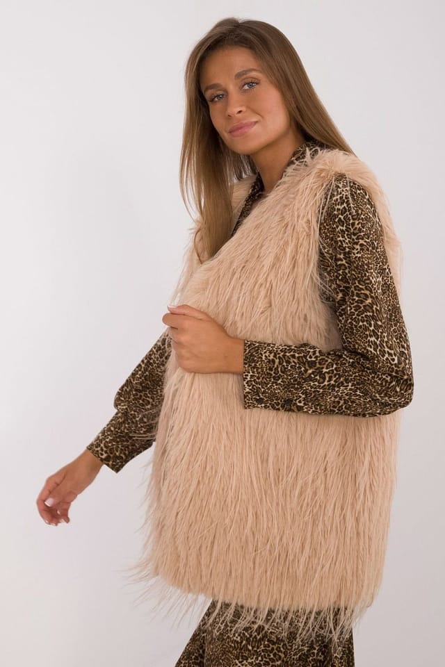 Love Lace Love Lace Women's Casual Polyester Faux Fur Hook Vest in Beige - 2
