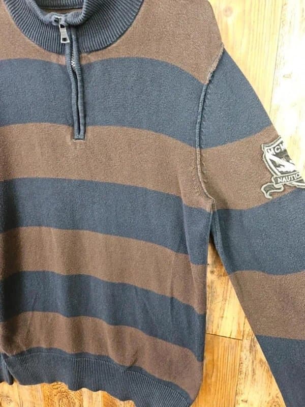 Nautica Nautica Jeans Co. Brown & Navy Stripe ¼ Zip Knit Jumper – M