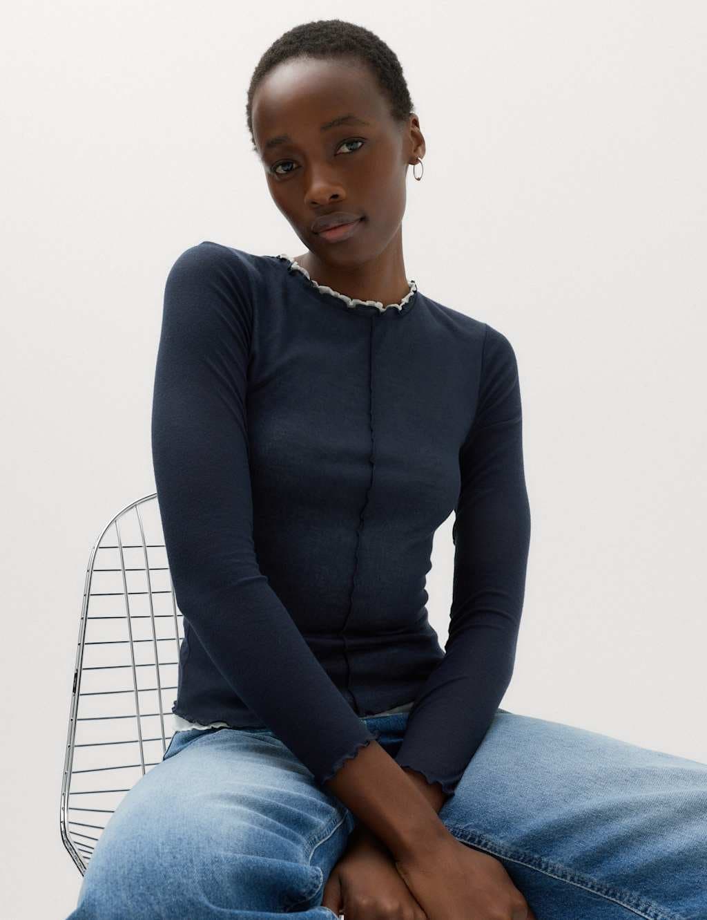 Marks & Spencer M&S Double Layer Lettuce Hem Top Navy Mix