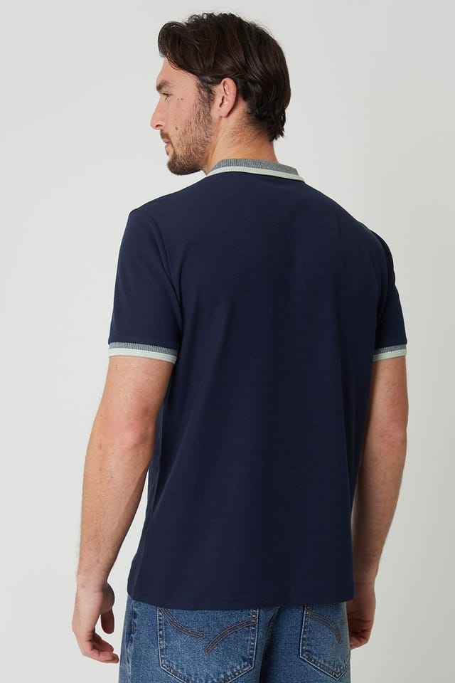 Threadbare Threadbare Men's Cotton Tipping Collar Quarter Zip Pique Polo Shirt in Navy - 2