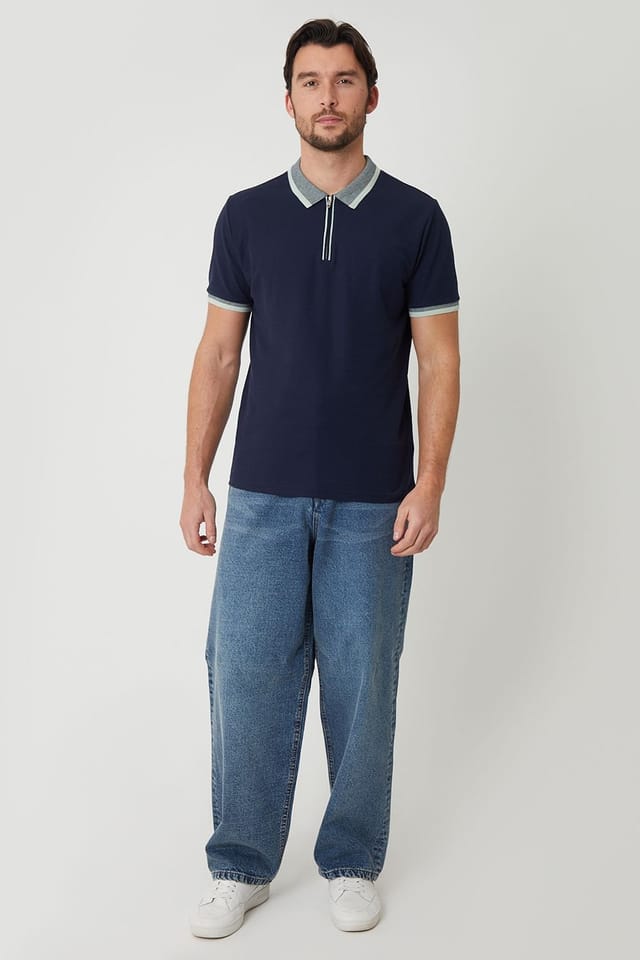 Threadbare Threadbare Men's Cotton Tipping Collar Quarter Zip Pique Polo Shirt in Navy - 3