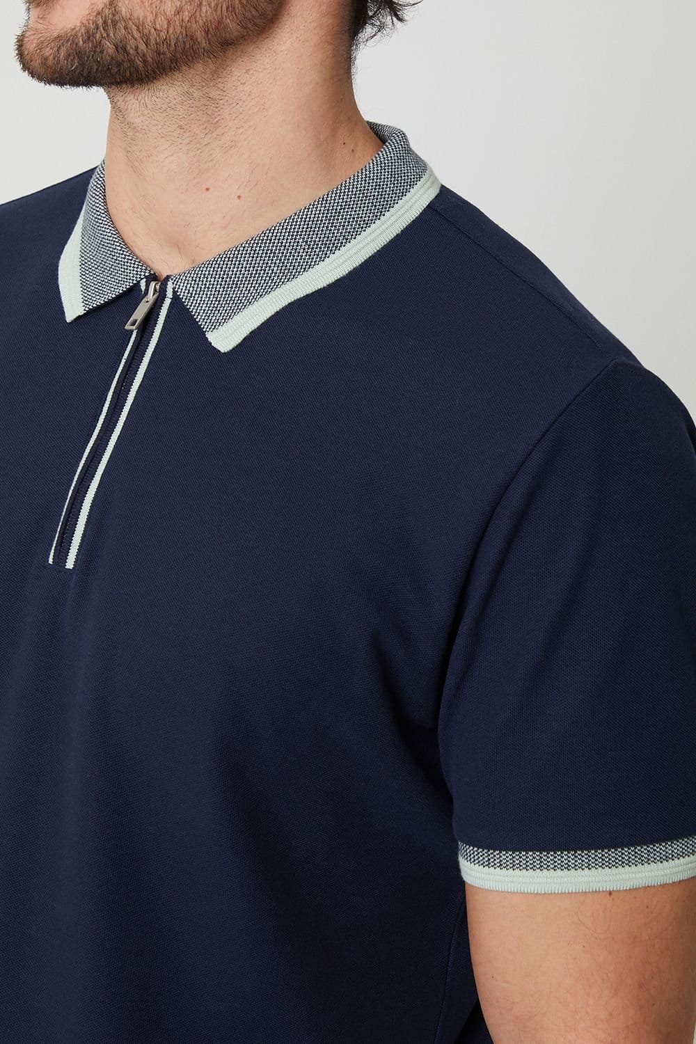 Threadbare Threadbare Men's Cotton Tipping Collar Quarter Zip Pique Polo Shirt in Navy - 4