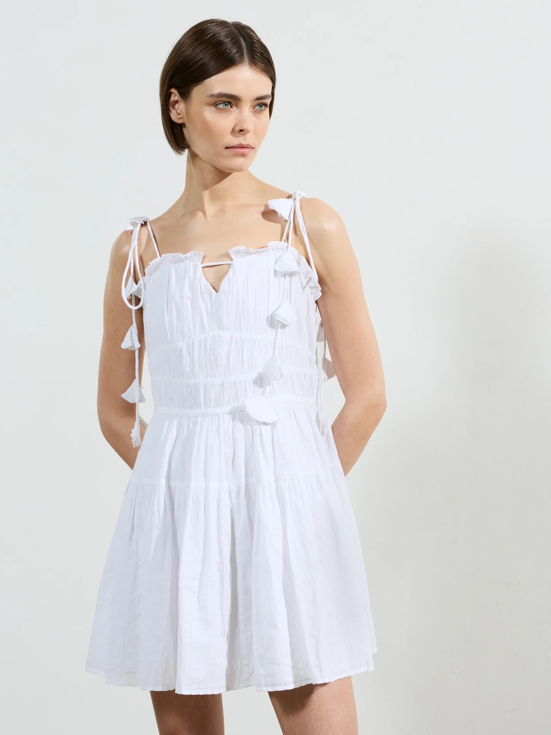 French Connection Amra Cotton Gathered Mini Dress Linen White