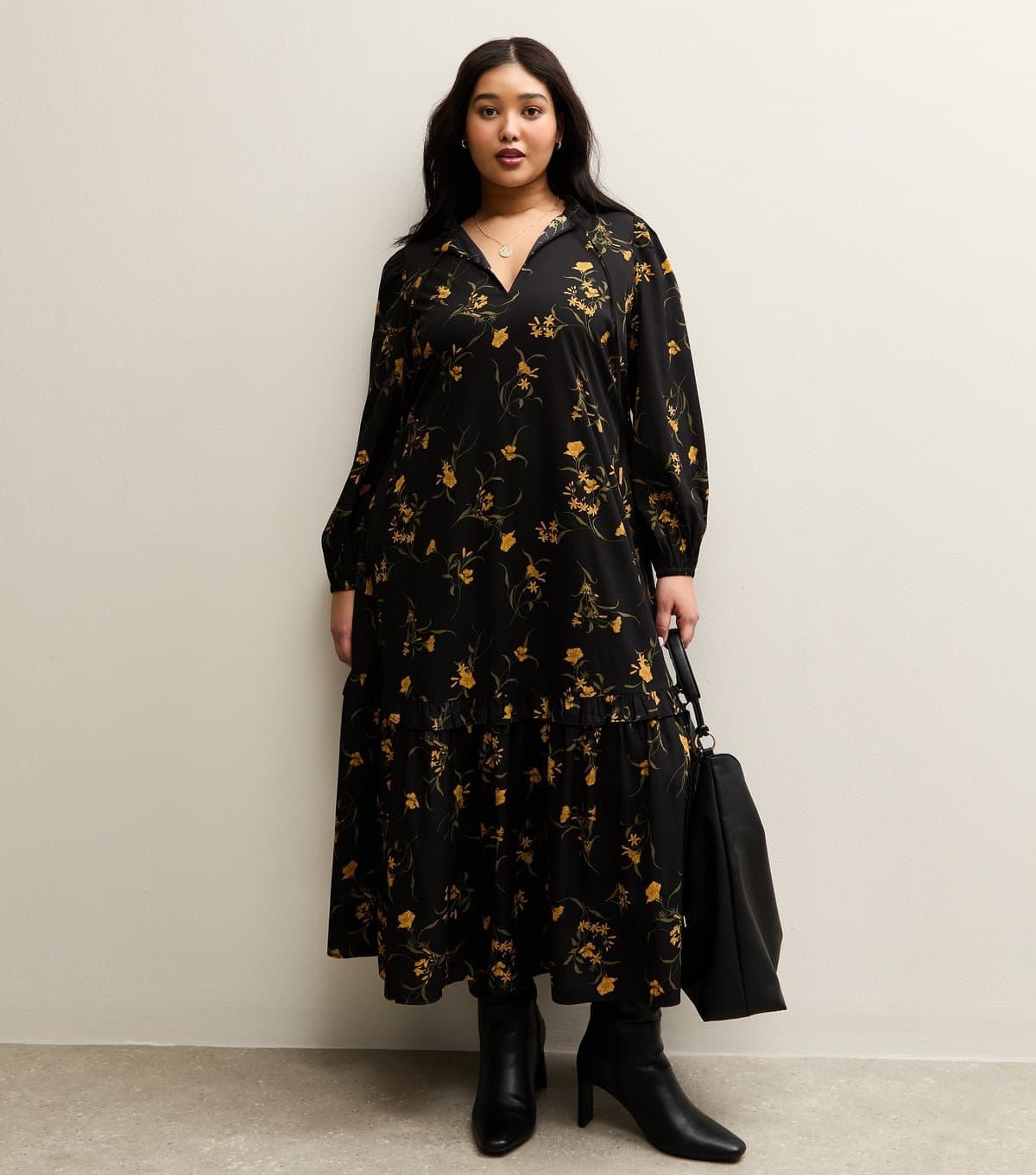 New Look Women's Plus Size Black Botanical Crepe Smock Midi Dress Curves New Look