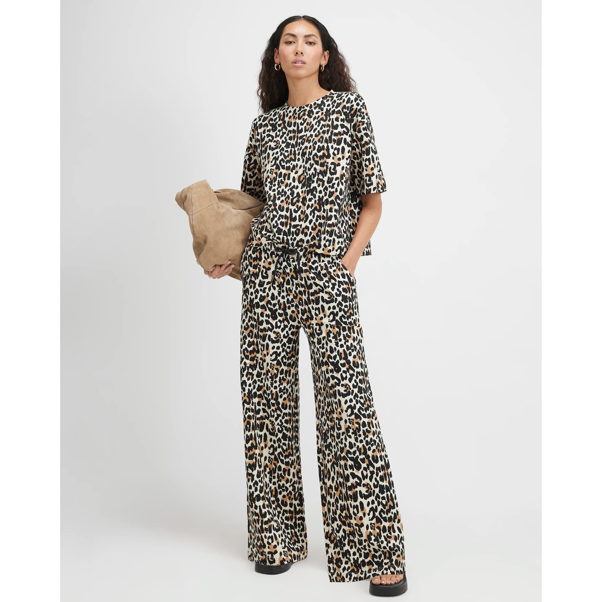 River Island River Island Womens Brown Premium Leopard Print Wide Leg Joggers