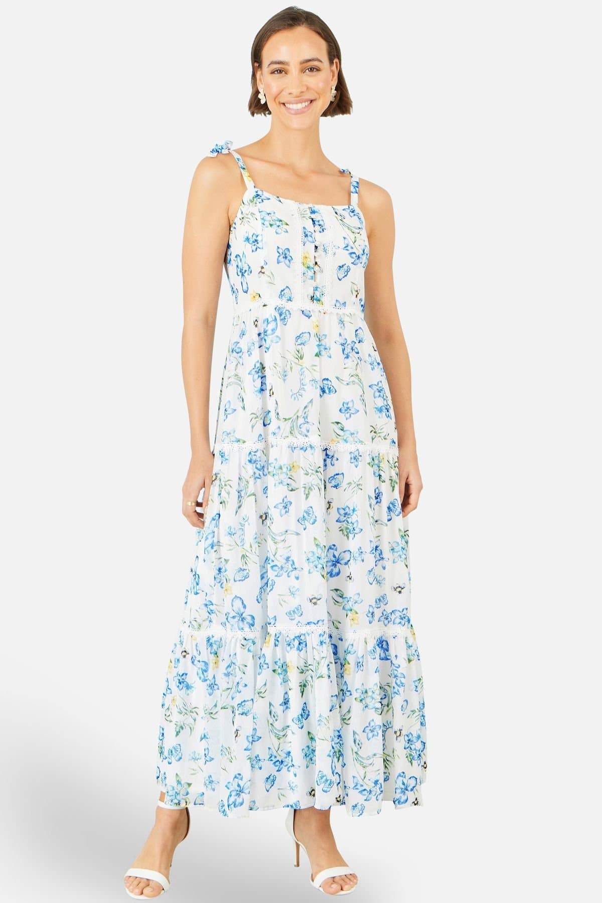 Yumi Yumi Women's White Butterfly Print Lace Trim Maxi Dress in Cool White