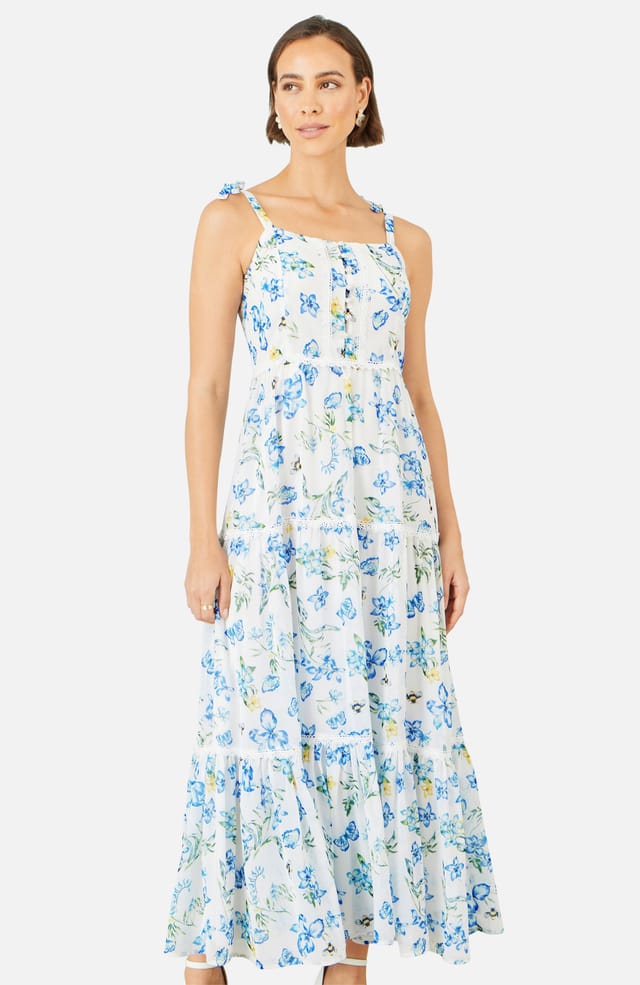 Yumi Yumi Women's White Butterfly Print Lace Trim Maxi Dress in Cool White - 2
