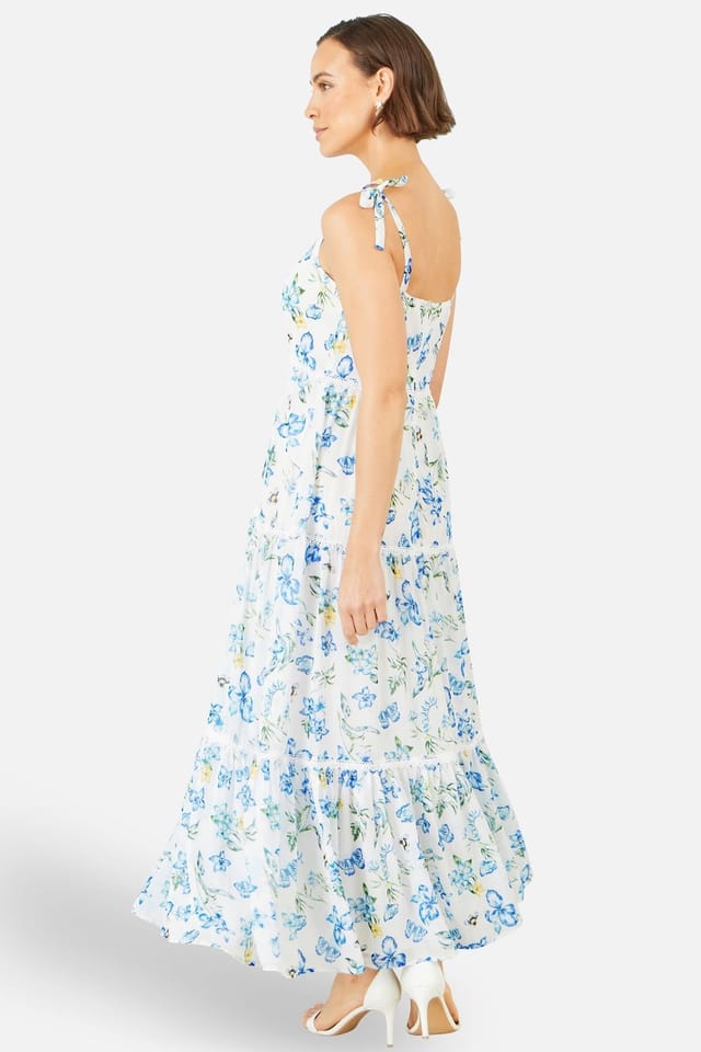 Yumi Yumi Women's White Butterfly Print Lace Trim Maxi Dress in Cool White - 3