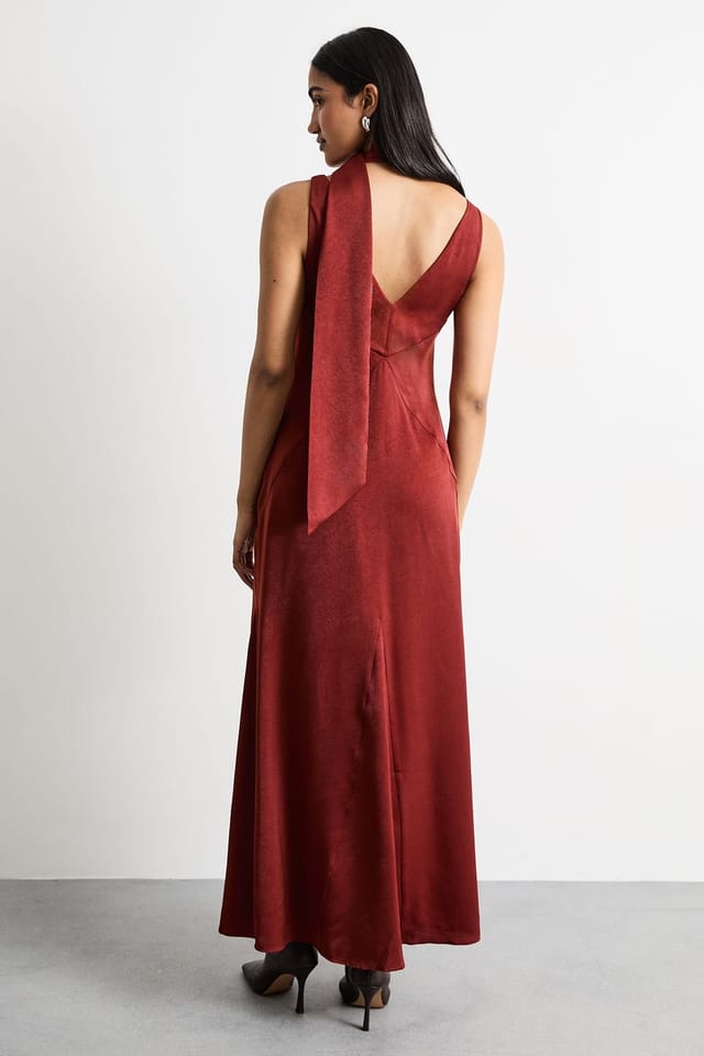 Warehouse Warehouse Women's Plain Scarf Detail Tie Neck Maxi Dress in Rust - 3