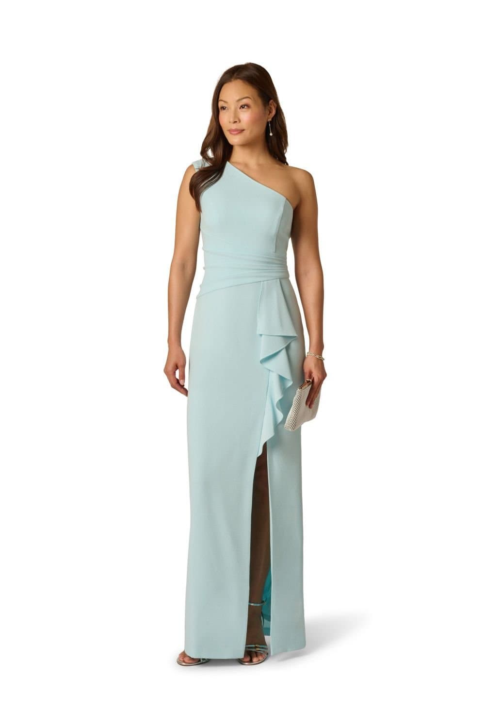 Adrianna Papell Adrianna Papell Women's Side Ruffle Crepe Column Gown in Blue