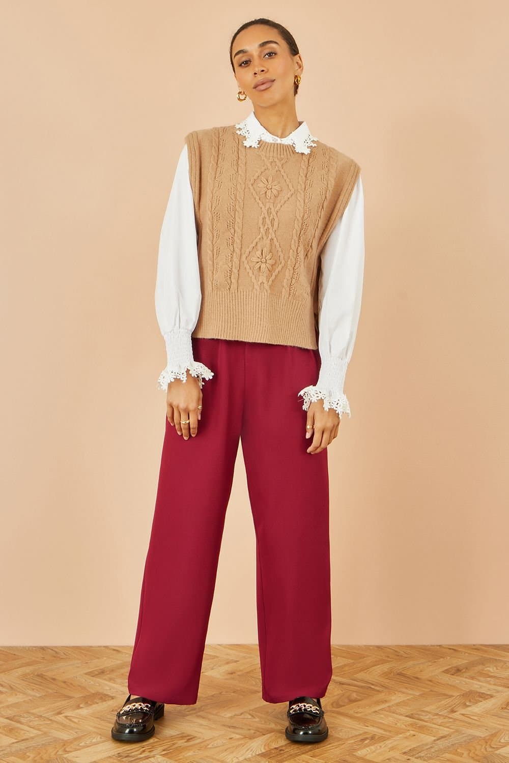 Yumi Yumi Burgundy Wide Leg Trousers for Women