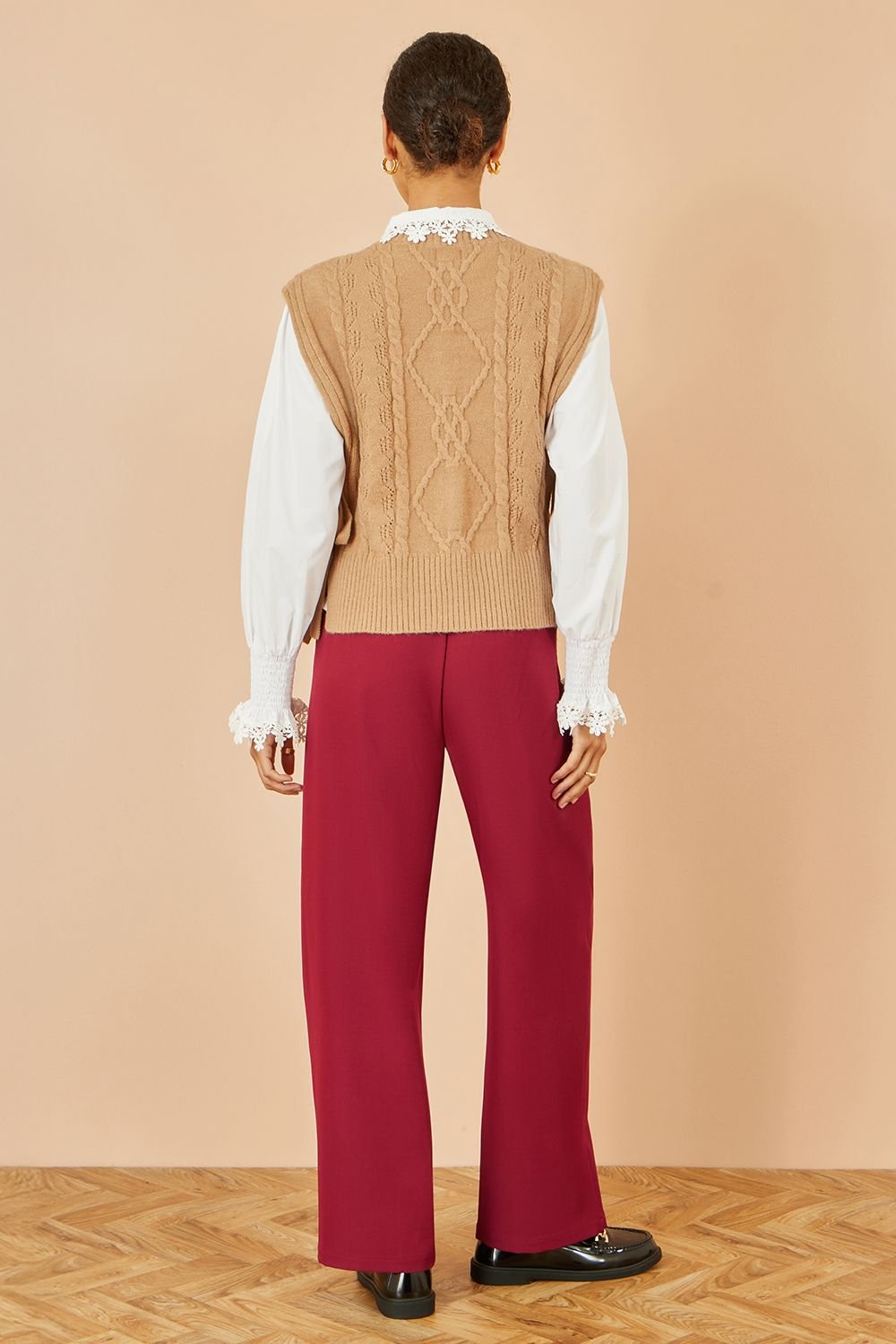 Yumi Yumi Women's Burgundy Wide Leg Trousers - 3